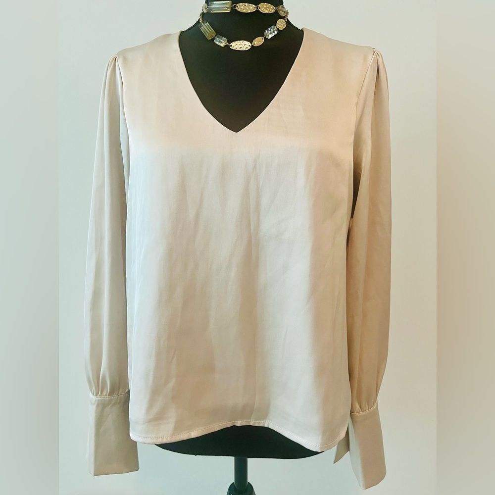 Self Contrast Britta Cream Satin V-Neck Long Sleeve Women's Blouse S 2/4 NWT